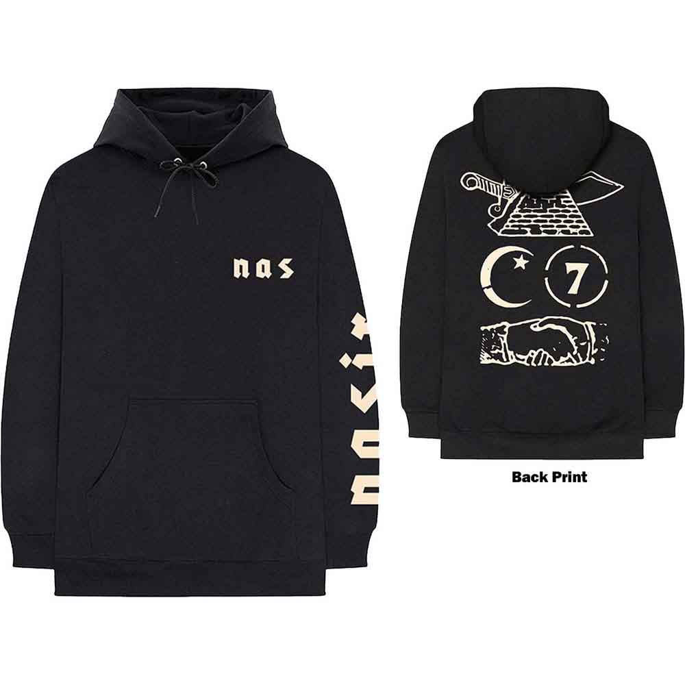 Black Nas hoodie with white graphics on front and back.