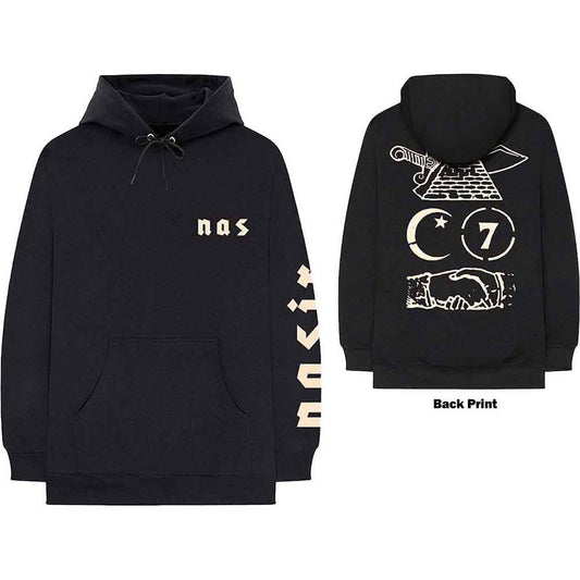Black Nas hoodie with white graphics on front and back.