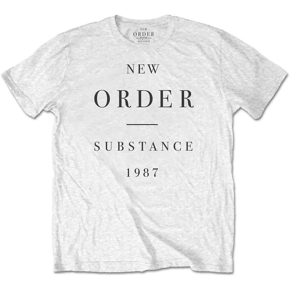 Gray t-shirt with black text reading "New Order Substance 1987".