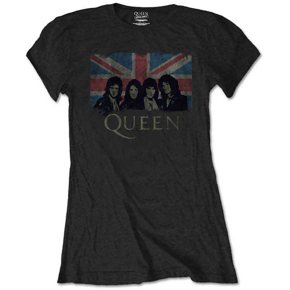 Black Queen t-shirt with band photo over a Union Jack flag.