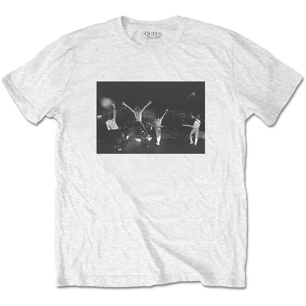 White t-shirt with a black and white photo of Queen performing live.