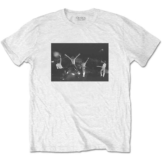 White t-shirt with a black and white photo of Queen performing live.