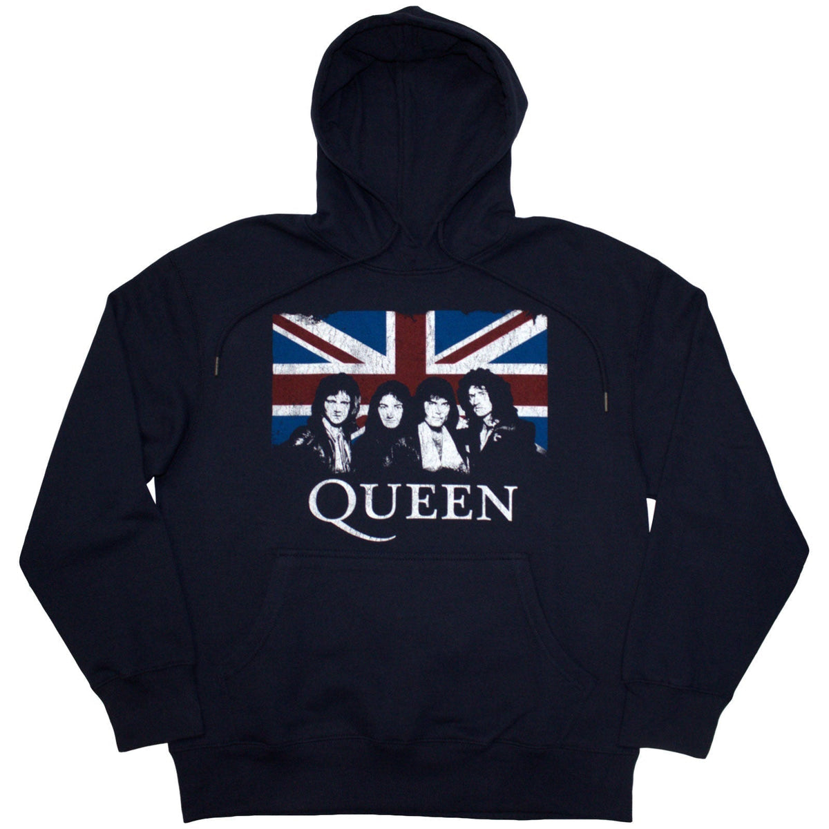 Dark navy hoodie with Union Jack and Queen band image.