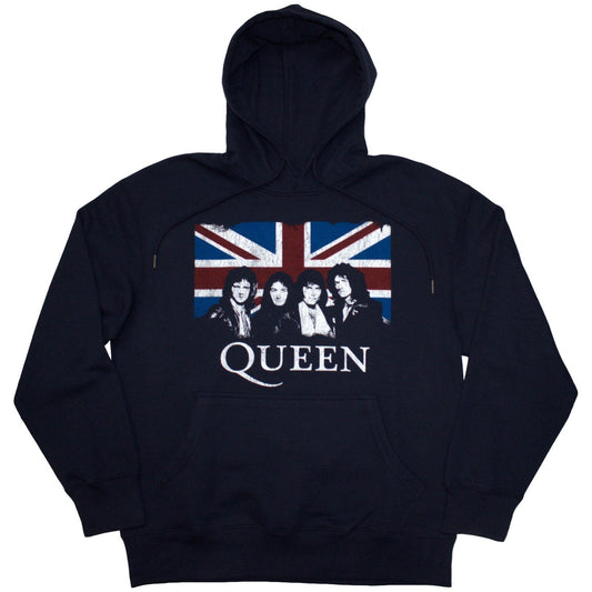 Dark navy hoodie with Union Jack and Queen band image.