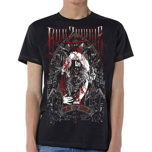 Black t-shirt with a graphic of a monstrous, horned figure and red text.