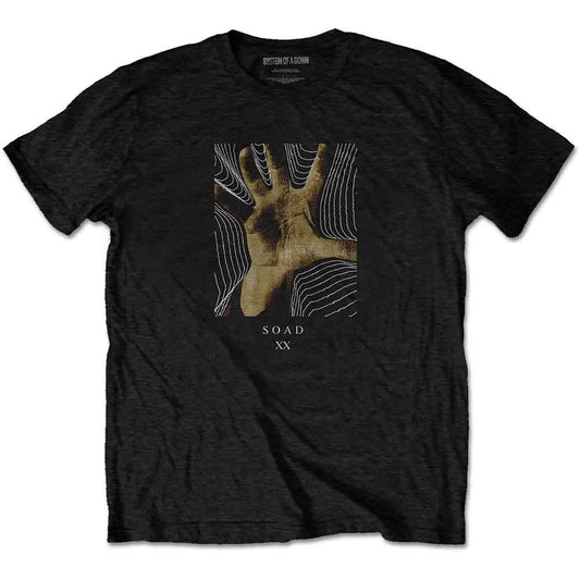 Black System of a Down t-shirt featuring a hand graphic and text SOAD XX.