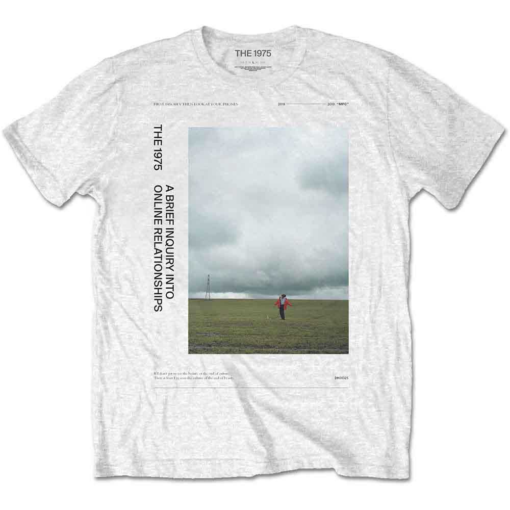 White The 1975 t-shirt with landscape graphic and text.
