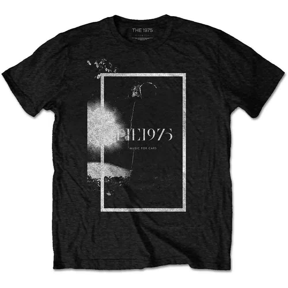 Black t-shirt with white and gray graphic of "The 1975" and text.