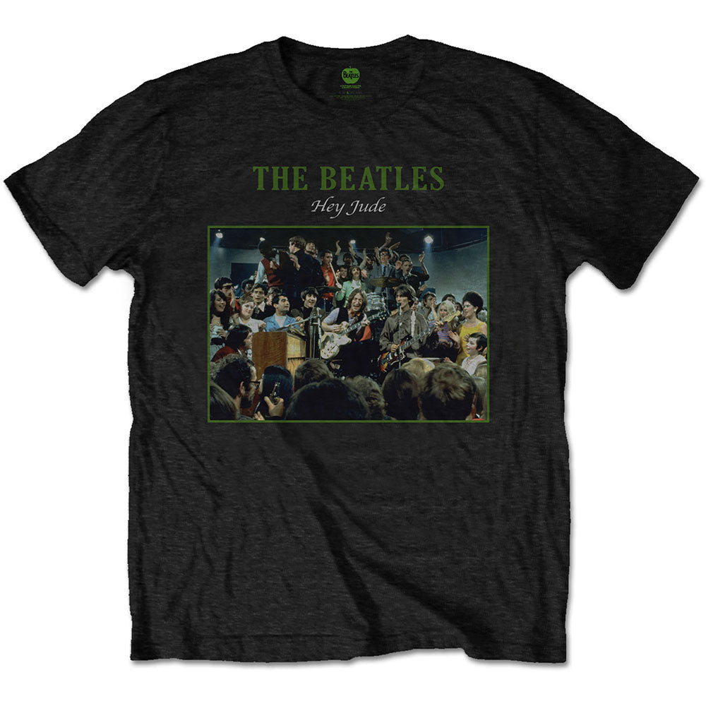 Black Beatles t-shirt with "Hey Jude" album cover graphic.