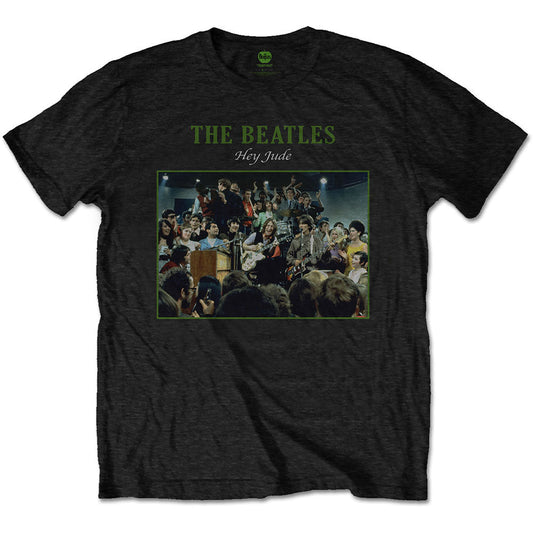 Black Beatles t-shirt with "Hey Jude" album cover graphic.