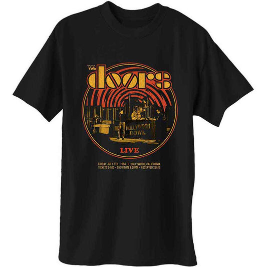 Black t-shirt with a circular graphic of The Doors performing live.