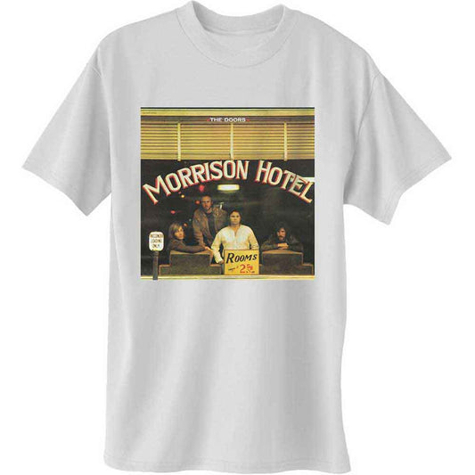 White t-shirt featuring The Doors’ “Morrison Hotel” album cover art.