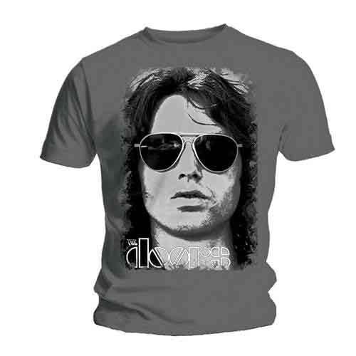 Grey t-shirt featuring a black and white portrait of Jim Morrison wearing sunglasses.