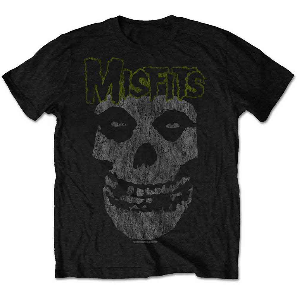Black t-shirt with a distressed skull and "Misfits" text graphic.