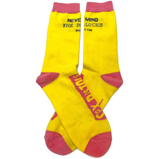 Yellow Sex Pistols ankle socks with pink toe and heel, on packaging.