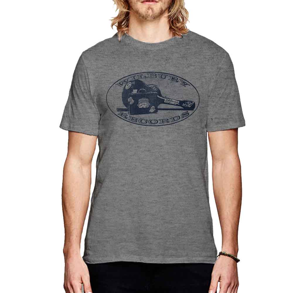 Gray t-shirt with a Wilbury Records guitar graphic, worn by a man.