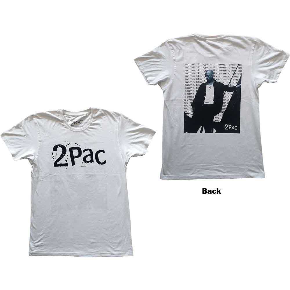 White t-shirt with 2Pac portrait and repeating text on the back.