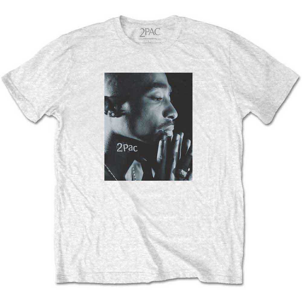 Gray t-shirt with a portrait of Tupac Shakur in contemplative pose.
