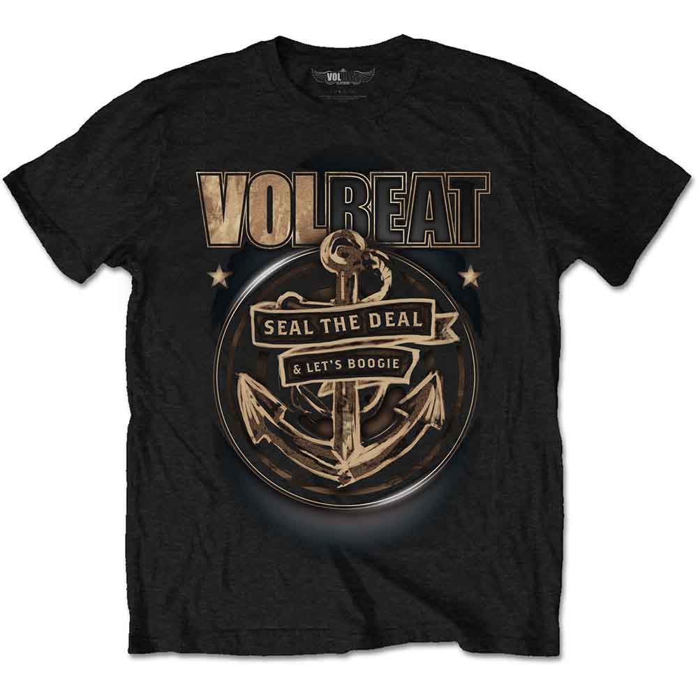 Black Volbeat t-shirt with anchor graphic and band logo.