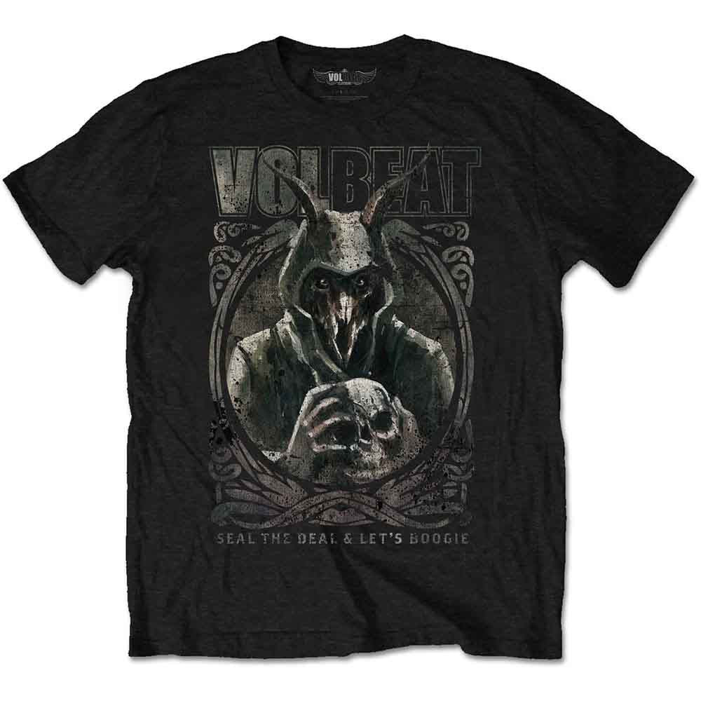 Black t-shirt with Volbeat logo and hooded goat skull design.