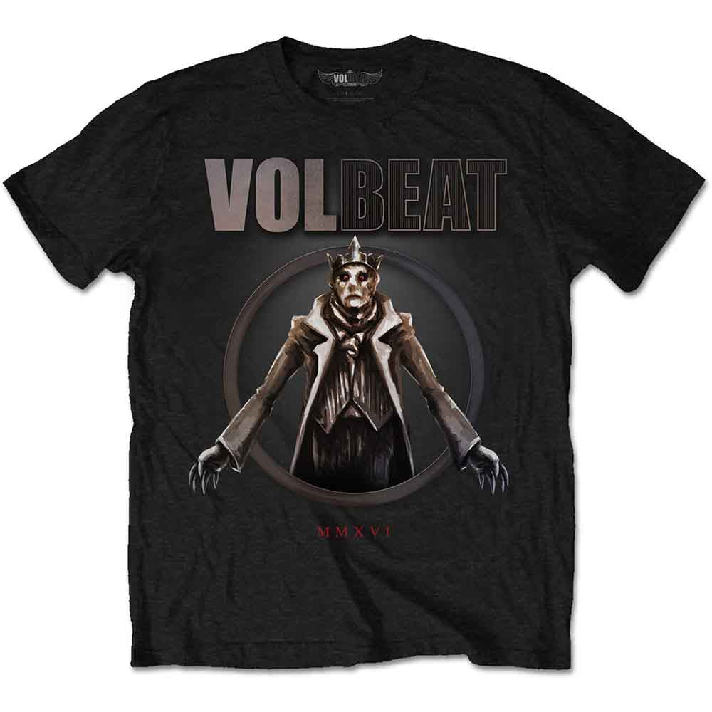 Black t-shirt with a graphic of a crowned figure and "Volbeat" text.