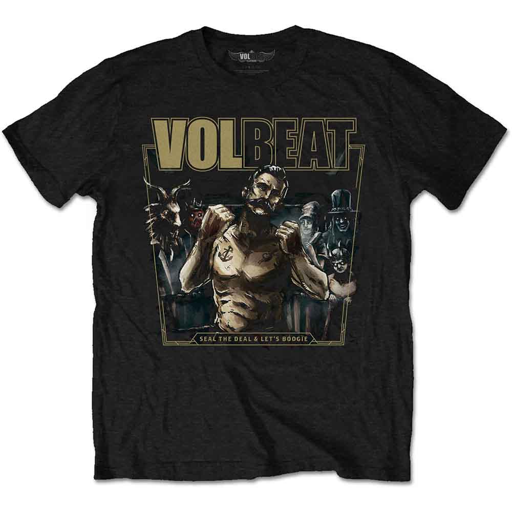 Black t-shirt with a boxing-themed Volbeat album art graphic.