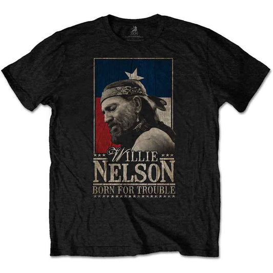Black t-shirt with portrait of Willie Nelson against a Texas flag.