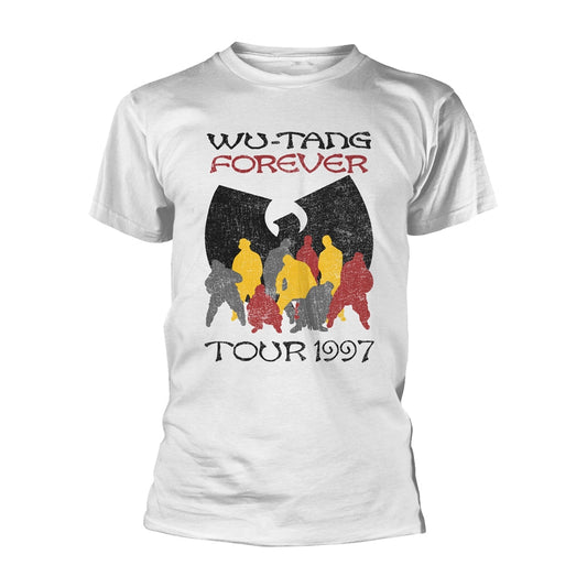 White t-shirt with distressed Wu-Tang Clan "Forever Tour '97" graphic.