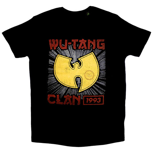 A man wearing a black t-shirt with a yellow Wu-Tang Clan logo and text.