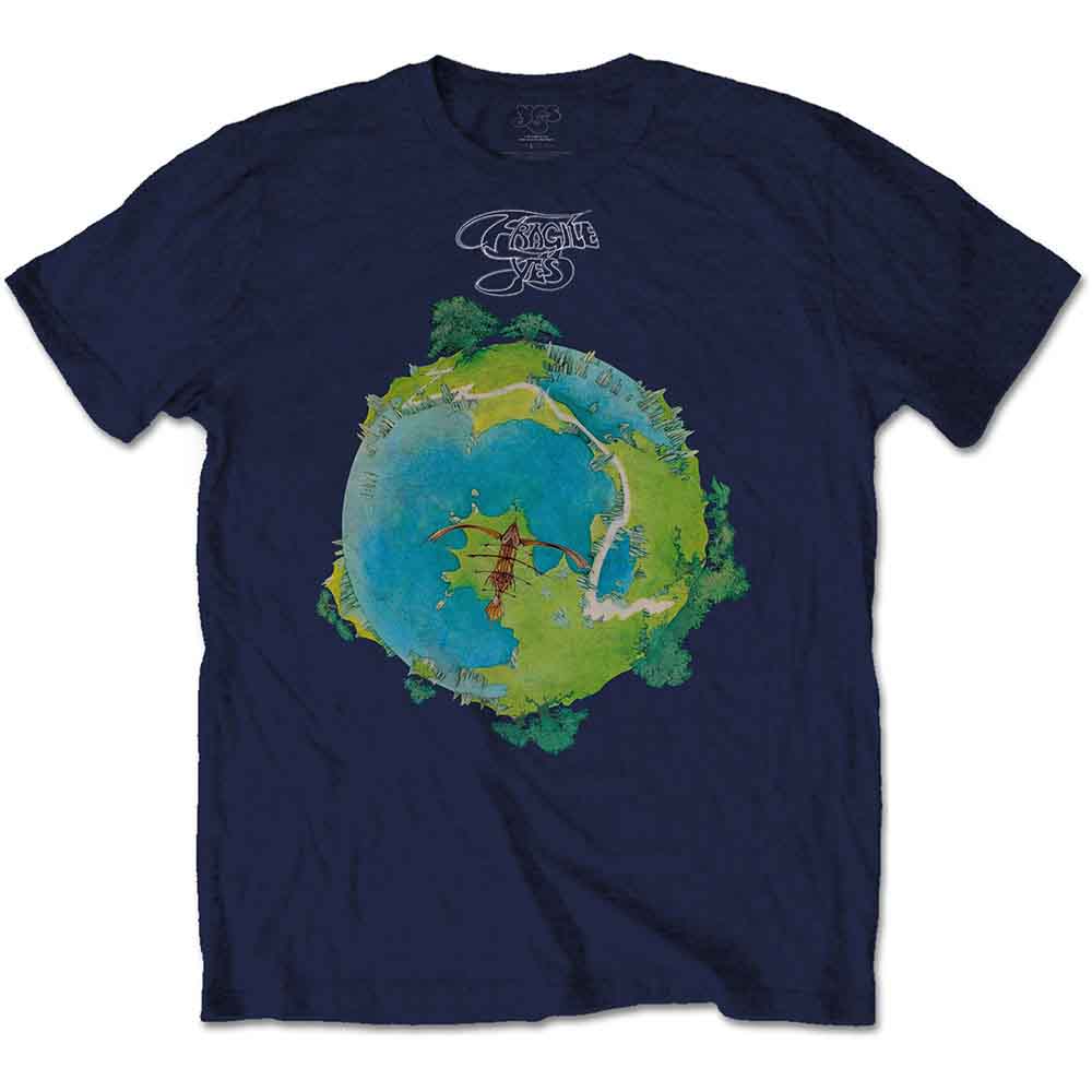 Navy blue t-shirt featuring the Yes Fragile album cover artwork of a small planet.