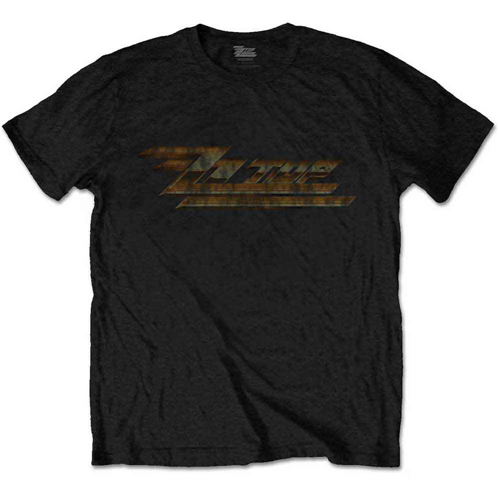 Black t-shirt with a distressed orange and brown "ZZ Top" logo.