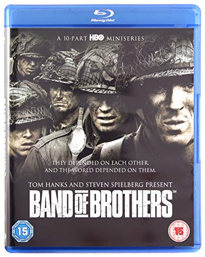 Band of Brothers Blu-ray cover featuring soldiers in helmets, black and white photography.