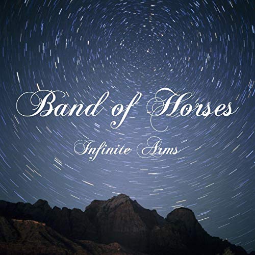 Album cover for Band of Horses’ “Infinite Arms” with starry sky and mountains.