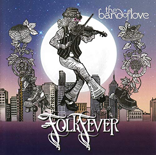 CD cover: man playing violin before a moon and cityscape.