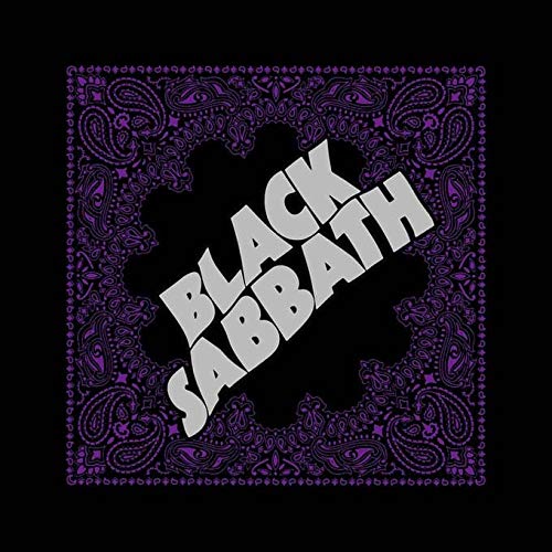 Black Sabbath logo in silver text centered on a purple and black paisley bandana.