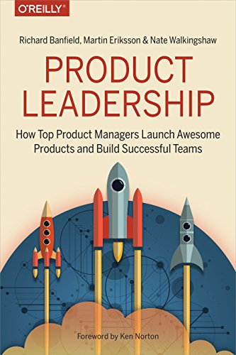 Book cover: “Product Leadership” with rocket illustrations and blue background.