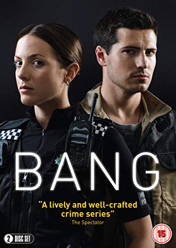 "BANG DVD cover featuring a man and woman in police attire against a dark background."