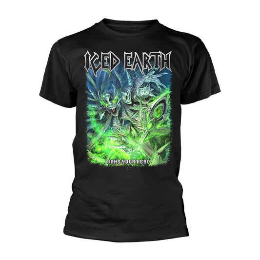Black t-shirt with a green and blue dragon graphic and band logo.