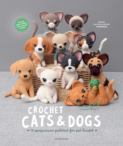 A collection of various crocheted amigurumi cats and dogs arranged on a wicker basket.