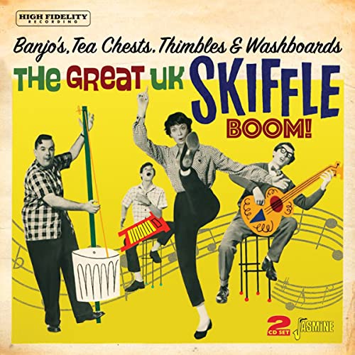 Yellow CD cover featuring musicians playing homemade instruments, labeled "The Great UK Skiffle Boom!".