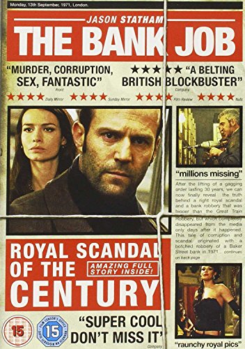 "The Bank Job DVD cover featuring newspaper clippings and images of actors."