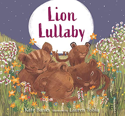 Book cover: lion cubs sleeping in a field under a full moon.