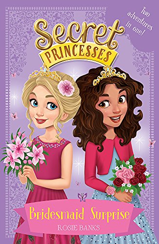 Two cartoon princesses in bridesmaid dresses holding bouquets on a purple book cover.
