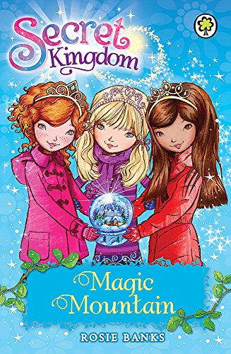 Three girls wearing tiaras hold a glowing snow globe against a blue sparkly background.