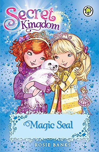 Two girls in tiaras hold a white seal pup on a blue, starry book cover.