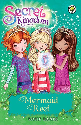 Three girls wearing tiaras hold a glowing seahorse on a green sparkly book cover.