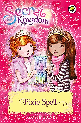 Book cover: two girls with a glowing hourglass, pink sparkles.
