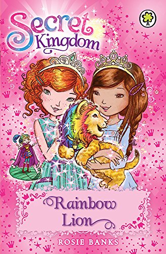 Book cover: two princesses with a rainbow-maned lion cub.