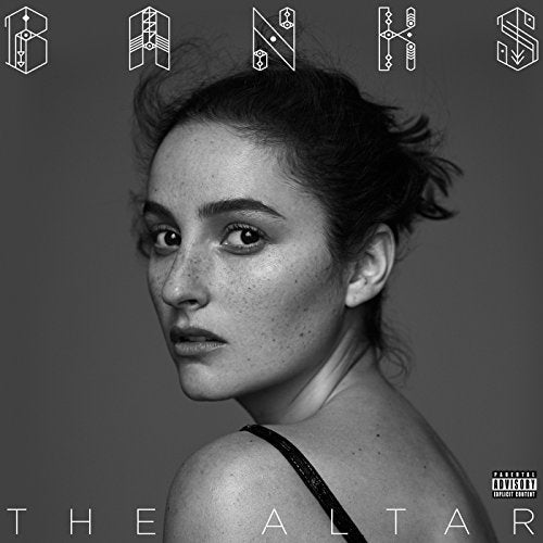 Black and white album cover for BANKS’ “The Altar” featuring a portrait.
