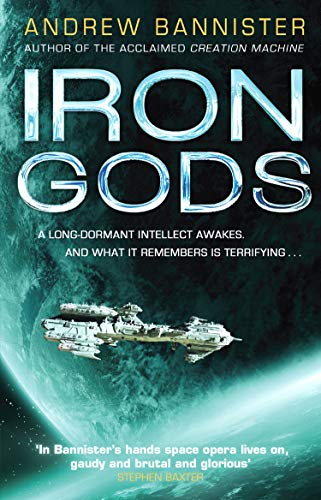Book cover: "Iron Gods" with a spaceship against a nebula background.
